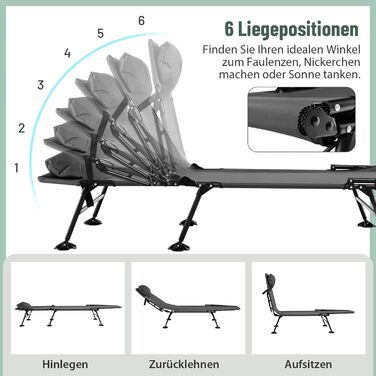 Складане ліжко для риболовлі та кемпінгу GOPLUS, посилене (до 200 кг), з регульованою спинкою (6 позицій) та спеціальними опорами для м'якого ґрунту, сіре