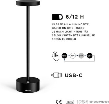 LED-стійка лампа Neu Stiletto IP54: USB-C, бездротова, регулювання інтенсивності, для дому та ресторану (чорний)