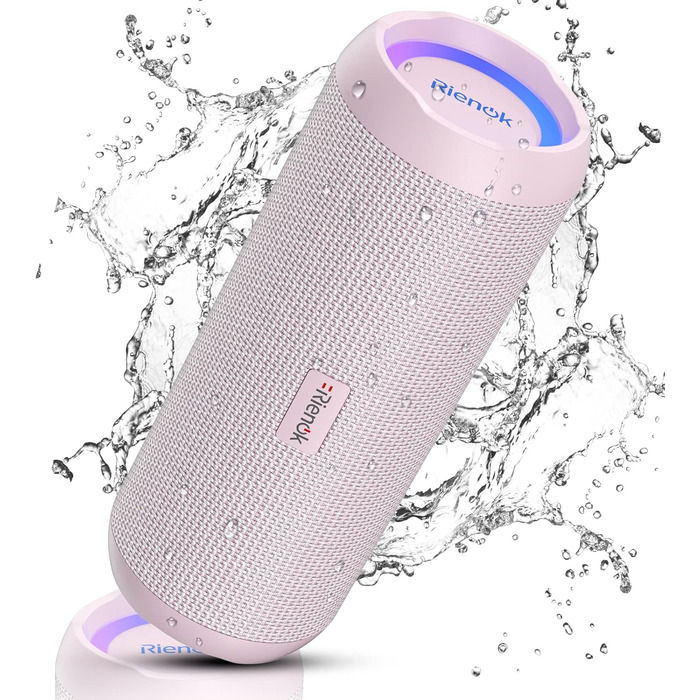 RIENOK Портативна Bluetooth Колонка з Підсвічуванням, Рожева, IPX7 Водонепроникна, 3600 mAh, Bluetooth 5.3, Бас, Стерео Звук