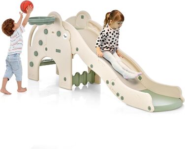 Дитяча гірка COSTWAY 4-в-1 з тунелем, баскетбольним кільцем та драбинкою, зелена, для дітей від 18 місяців