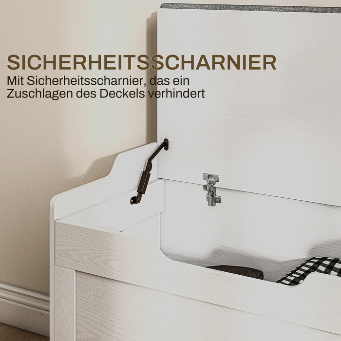 Скриня для зберігання об'ємом 103 літри, лавка з місцем для зберігання та запобіжним шарніром, з м'яким сидінням, підходить для різних кімнат, білого кольору.