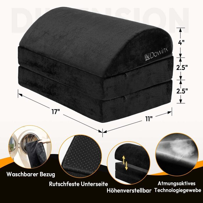 Підставка для ніг під стіл Dowinx, регульована висота, знімний чохол, зручна підставка для офісу, авто, дому (3 шари, чорний)