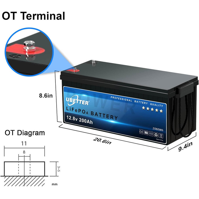 Акумулятор UBETTER Mini 12V 100Ah LiFePO4, 100A BMS, 1280 Втгод, 4000 циклів, термін служби 10 років, легкий, компактний