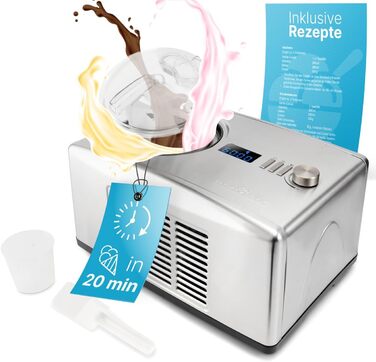 Машина для приготування морозива та йогурту ProfiCook® ICM 1091 N з нержавіючої сталі | Морозиво за 20 хвилин | Об'єм до 1500 мл | З компресором | Для морозива та замороженого йогурту | В комплекті рецепти, шпатель для морозива та мірний стакан | Нова мод