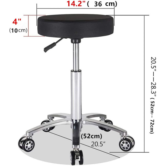 Регульований по висоті табурет з колесами, поворотний і робочий стілець, чорний