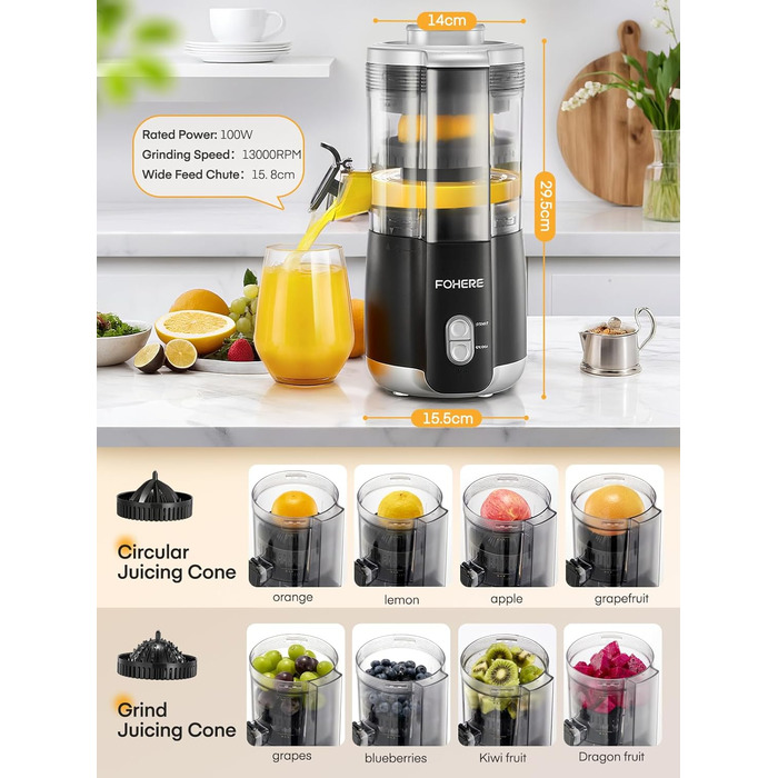 Електрична прес для цитрусових FOHERE, автоматична соковичавниця для апельсинів, грейпфрутів, лимонів, з потужним мотором 100W, без BPA, 2 конуси для різних фруктів, чорний
