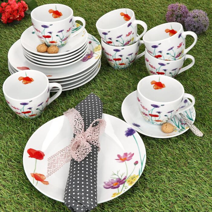 MamboCat Marie - 18-Piece Coffee Set | Porcelain Dinnerware with Floral Decor for 6 People | 6 Cups (190ml), Saucers & Plates for Breakfast & Coffee