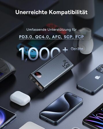 Для ноутбука PD QC 4, Зовнішні акумулятори для мобільних телефонів USB-C Вхід і вихід, для Steam Deck Rog Ally MacBook, Dell, HP, Notebook, iPhone, Galaxy, 65W 20000mAh, Power Bank