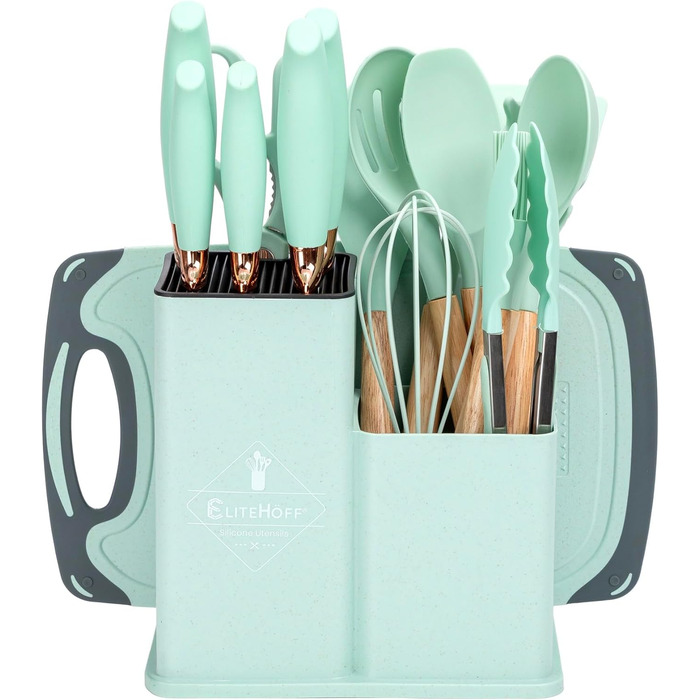 Набір кухонних ножів EliteHoff 19 предметів: 5 ножів, 12 аксесуарів, дошка та підставка – з дерев'яними ручками, безпечний, можна мити в посудомийній машині, чорний (E-6074)