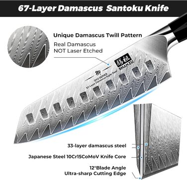 SHAN ZU Кухонний ніж з дамаської сталі, 15 см, професійний, Santoku, 67 шарів, нержавіюча сталь, японська сталь 10Cr15Mov, G10 ручка, серія GYO