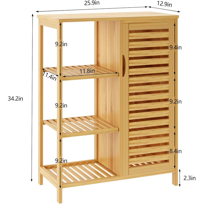 Тумба для ванної кімнати, бічна шафа з жалюзійними дверцятами та полицями, 3-ярусна бамбукова шафа