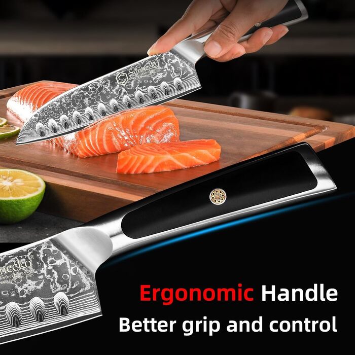 Ніж Sunnecko Дамаск - кухонний ніж. Гострий ніж з дамаської сталі. Азіатський універсальний кухонний ніж для дому та кухні з ергономічною ручкою (7 дюймів Сантоку)