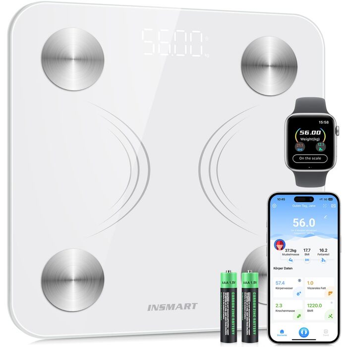 INSMART Розумні ваги для вимірювання тіла з Bluetooth, цифрова вага для людей, аналіз складу тіла: жир, маса м'язів, вода, білок, кісткова маса, ІМТ, BMR, пульс