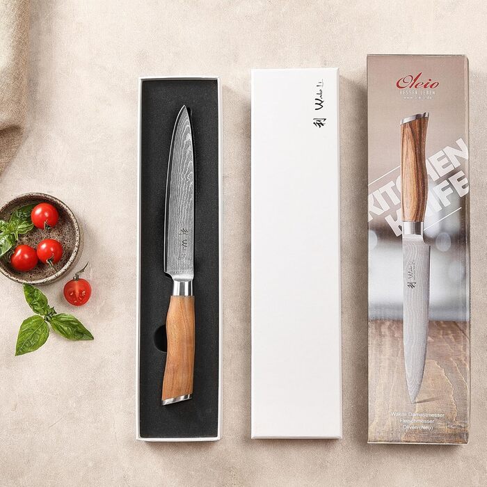 Ніж кухарський Wakoli з дамаської сталі (серцевина VG10) з 20 см лезом – гострий та збалансований – ніж з ручкою з оливкового дерева в подарунковій коробці – ніж кухарський з дамаської сталі для професіоналів та поціновувачів (ніж для нарізання)