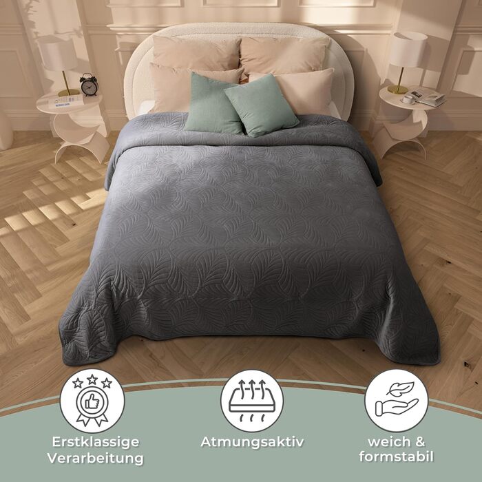 Преміум ковдра-плед Grafensteyn 200x220 см – м'яка, безшовна стежка, дизайн листя, велюрова тканина – для ліжка та дивану (антрацитовий)