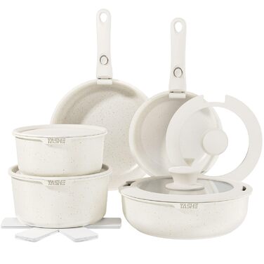 Набір кухонного посуду YASHE 15 предметів: каструлі та сковорідки з гранітно-покриттям, знімні ручки, стакеві, легко миються, сумісні з індукцією, газом та склокерамікою, білий