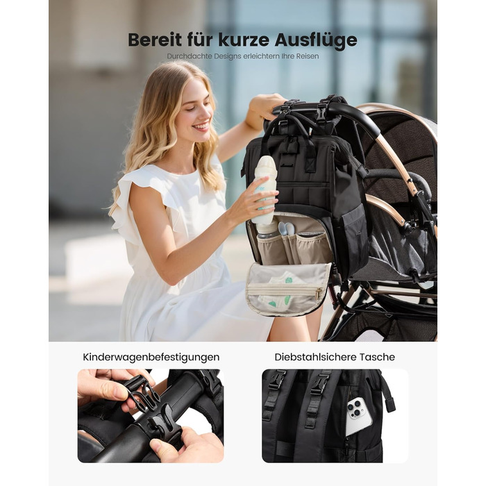 LOVEVOOK Рюкзак-переноска для малюків, рюкзак-пеленальник, сумка для підгузків, водонепроникна дитяча сумка, органайзер, ремені для дитячої коляски (M, Чорний)