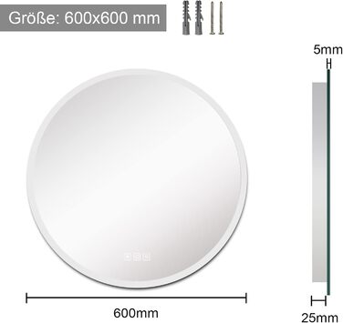 Круглий дзеркало Furduzz з підсвічуванням, 600 мм, для ванної кімнати, настінний, сенсорна кнопка, диммування, 3 кольори, антизапар, інтелектуальна пам'ять