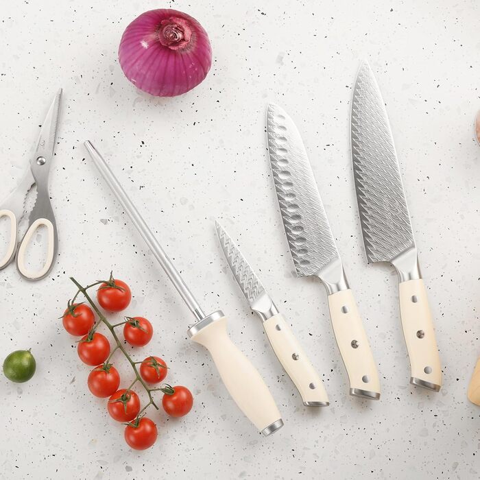 Набір кухонних ножів NANFANG BROTHERS Profimesser Damaskus 5 шт. з дерев'яним блоком. Ножі з дамаської сталі, кухонні та для приготування їжі.