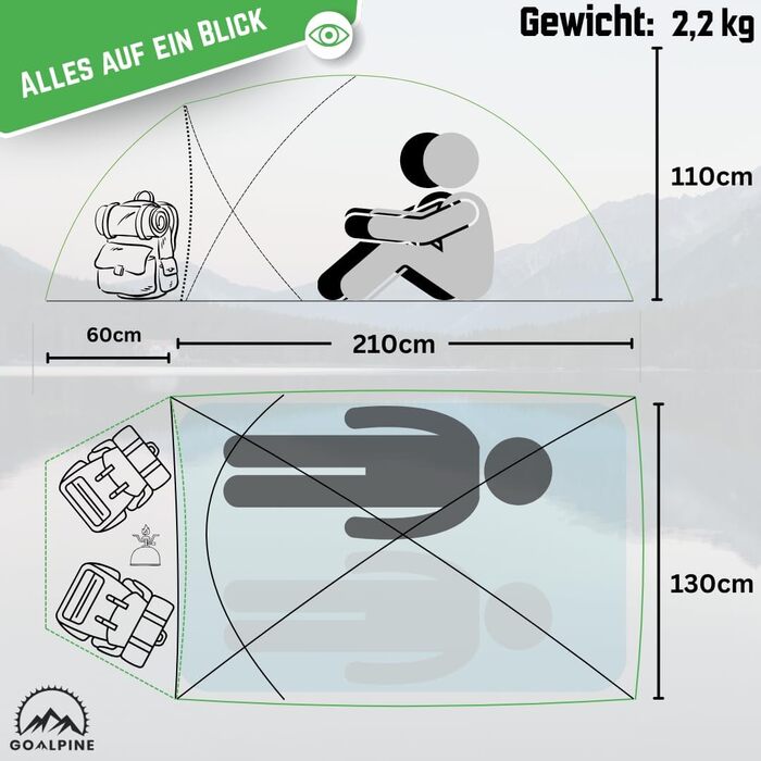 Намет GOALPINE ESKAPADE II 2-місний, водонепроникний 4000 мм, ультралегкий для походу, гірського туризму та велотуризму, 3-4 сезони, зелений