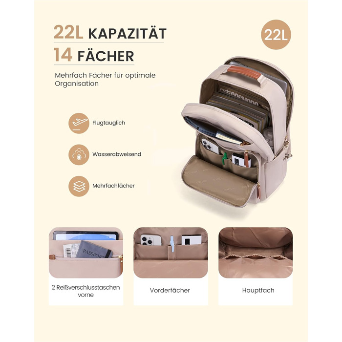 LOVEVOOK Рюкзак для ноутбука, водонепроникний, для роботи, школи, подорожей (15,6 дюймів, абрикосовий+коричневий)