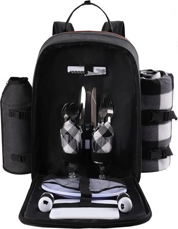 Набір для пікніка на 2 особи ALLCAMP: рюкзак, десерна тарілка, столові прибори, флісова ковдра, тримач для пляшки/вина (чорний)