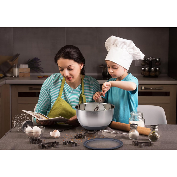 Набір мисок з нержавіючої сталі з кришками [3 шт.] 1л + 2.5л + 4.5л | Миски для перемішування, салатники, набір мисок | Нековзні, складаються, придатні для миття в посудомийній машині