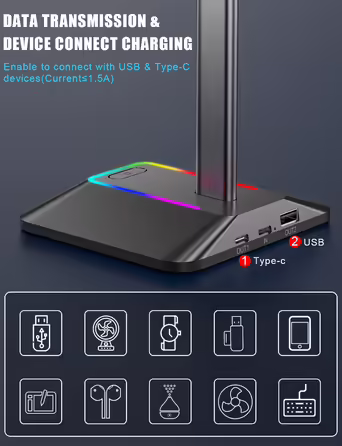 Підставка для навушників New Bee з RGB підсвіткою, USB Type-C зарядкою та передачею даних, універсальний тримач для геймерських навушників, чорний