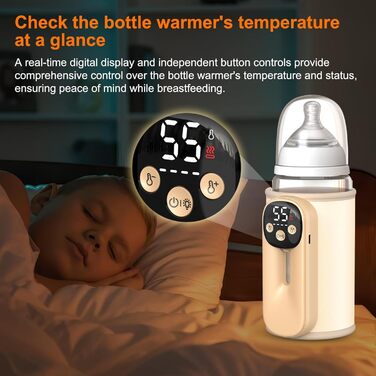 Підігрівач молока бездротовий з LED дисплеєм температури, 8000mAh, для дитячих пляшечок, в подорожах, 6 режимів, швидкий нагрів, USB-C зарядка, ізоляційний чохол для материнського молока, блакитний (жовтий)