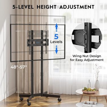 Мобільна підставка для телевізора BONTEC 32-70 дюймів, чорна, з колесами, регульована висота, VESA 400x400, до 50 кг, з кабельним каналом
