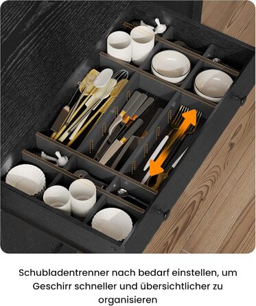 Чорний кухонний шафка з робочою поверхнею, буфет з LED-підсвіткою, розеткою, ящиками та регульованими полицями (103.5 x 40 x 180 см)