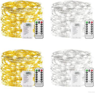 Ланцюжок прикрас з LED-лампочками на батарейках, 100 LED, 10 метрів, 8 режимів, пульт дистанційного керування, таймер, теплий білий, диммування, вологостійкий, для прикрашання на Різдво