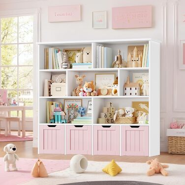 Дитяча полиця FOREHILL з коробками на колесах, 4 яруси, меблі для дитячої кімнати, іграшковий та книжковий стеллаж, рожевий, 125.5x33x118 см
