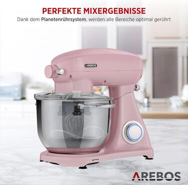 Arebos Ретро кухонна машина 1800W рожева | Міксер з чашею 6л з нержавіючої сталі | Тиха робота | З набором насадок (крюк для тіста, вінчик, насадка для збивання) | 6 швидкостей