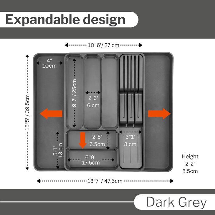 Органайзер для столових приборів nuovva - Регульований лоток для посуду в шухлядах - Розширюваний тримач для столових приборів - Компактний роздільник для ножів, виделок і ложок - Темно-сірий роздільник для столових приборів