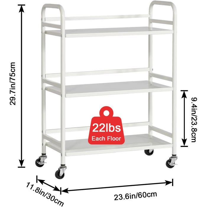 Металевий сервісний візок HDANI з 3 ярусами, на колесах, 48x30x75 см, для кухні, вітальні, бару, ванної кімнати