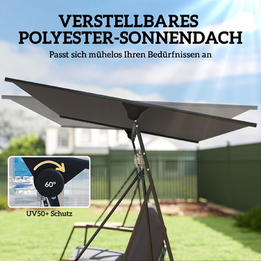 Гойдалка садова для трьох осіб з регульованим дахом, подушками та підставками для напоїв, вантажопідйомність 360 кг, сіра