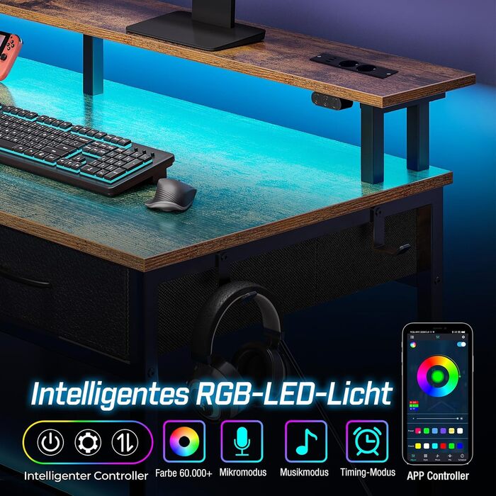 Комп'ютерний стіл Rolanstar з ящиками, розетками та LED підсвіткою, ігровий стіл з підставкою для монітора, полиця та 2 гачки, для офісу та вітальні (білий, 100x47x90,5 см)