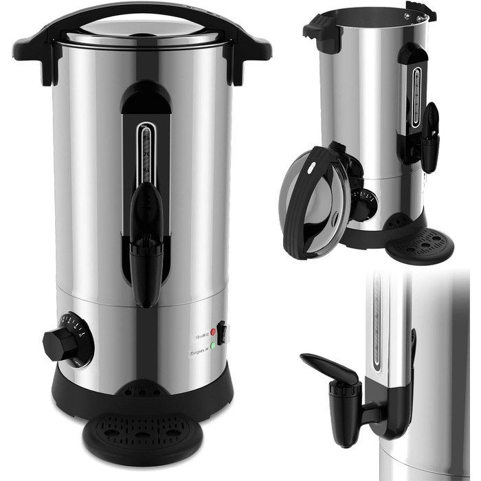 Глювайновий нагрівач з 10 чашками | 1500W нагрівач гарячих напоїв з нержавіючої сталі з термостатом 30–110°C, функцією підігріву та краном | Глювайновий автомат для вечірок (8л, срібний)