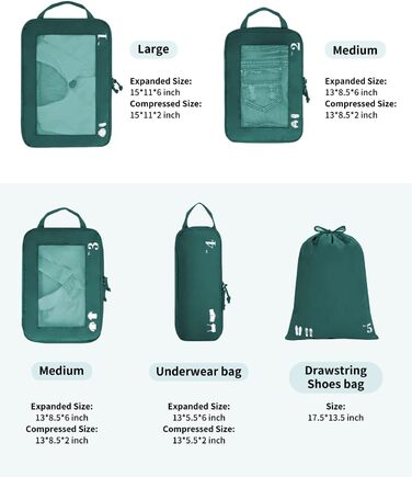 Набір компресійних органайзерів для подорожей ECOHUB, 5 предметів, для валізи та рюкзака, темно-зелений