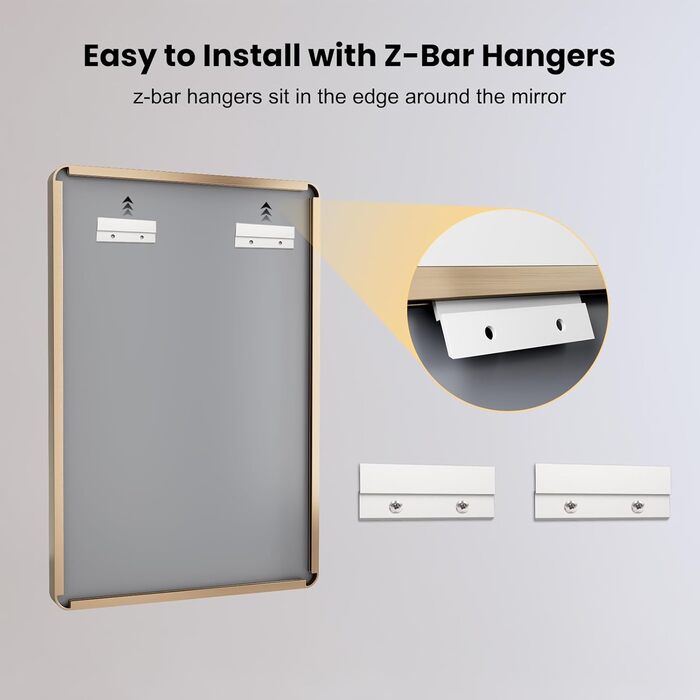 Дзеркало для ванної кімнати LOAAO 61 x 91.4 см, золотий колір, заокруглений прямокутний каркас, антикорозійне скло, для монтажу на стіну, вертикальне або горизонтальне розміщення