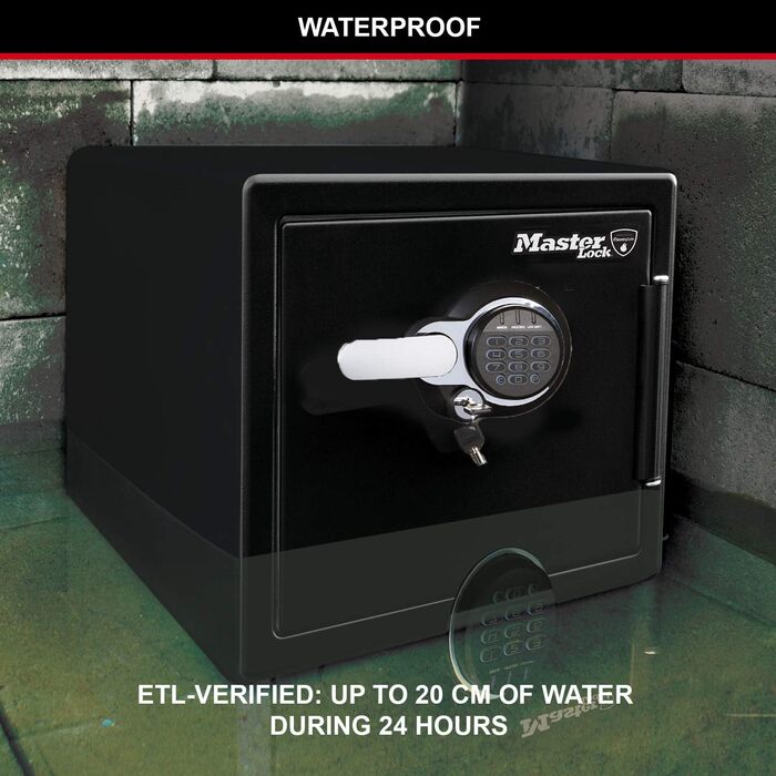 Master Lock FPW082FTCML: Вогнестійкий та водонепроникний сейф, 23л, 417x348x478 мм, цифровий код, для дому та офісу, чорний