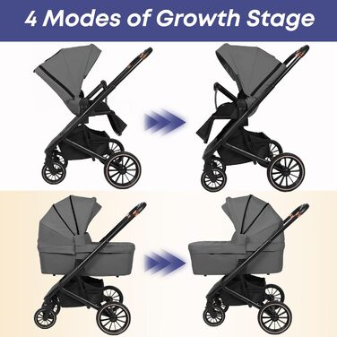 Дитяча коляска 2-в-1 BabyVoyage з люлькою та прогулянковим блоком, поворотні колеса 360°, амортизація, регульована ручка, складна, комплект, колір зелений (темно-сірий)