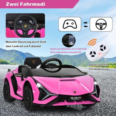 Дитячий електромобіль Lamborghini 12V з пультом, ременем безпеки, підсвіткою, музикою та сигналом, рожевий, для дітей від 3 років