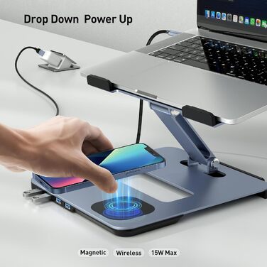 Підставка для ноутбука BENFEI з алюмінію з USB-C док-станцією 6в1, 15W Mag-Safe зарядкою, USB 3.0 KVM Switch, HDMI 4K@60Hz, 4*USB3.0, 100W PD для MacBook Pro/Air iPad Pro XPS Thinkpad