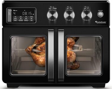 TurboTronic Міні-піч 4в1: конвекційна піч, фритюрниця, дегідратор, гриль. Об'єм 32л, з поворотним шампуром та аксесуарами. Чорний колір.