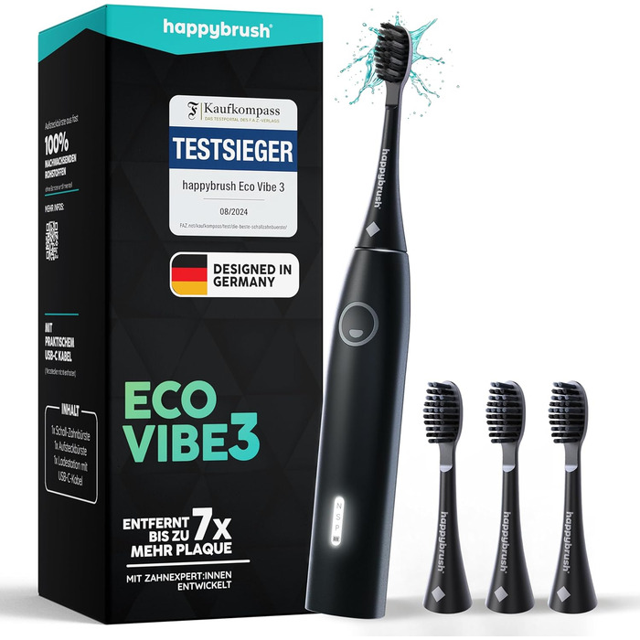 Електрична зубна щітка happybrush® Eco Vibe 3+ – Чорний колір – Тест-переможець – 100 днів тестування – 2 роки гарантії