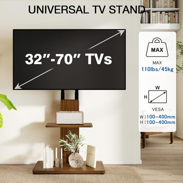 Підставка для телевізора TVON: мобільна, з регулюванням висоти, для 32-70 дюймів, до 45 кг, VESA 400x400 мм