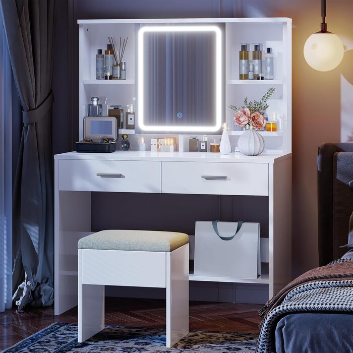 Трюмо JUMMICO з LED-підсвічуванням, дзеркалом та гачками для прикрас, 2 шухляди, 4 відкриті полиці, білий колір