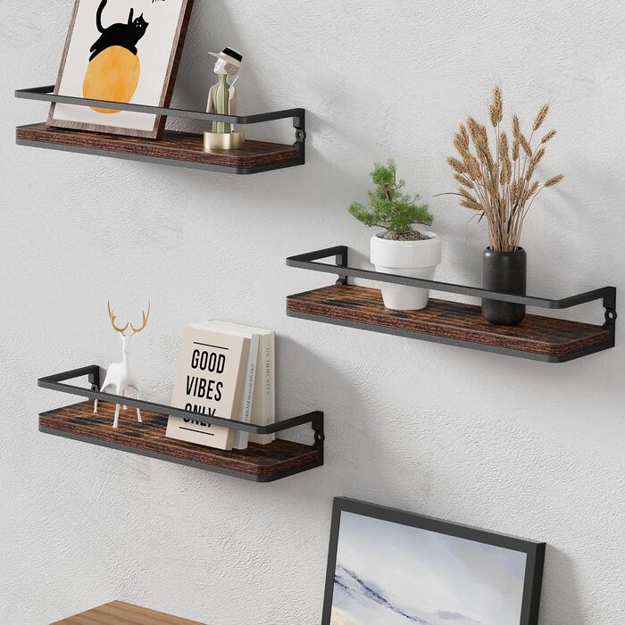 Полиця настінна дерев'яно-металева Wandregal 2 шт 42 см, плаваючі полиці для ванної, спальні, вітальні, кухні, офісу (Рустикальний коричневий + Чорний)
